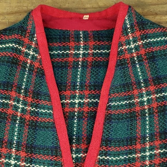 Womens Vintage Christmas Plaid V Neck Zip Up Sweater Red Green Size Small - Picture 2 of 7